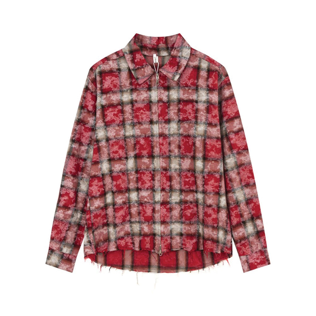 Bleached Plaid Zipper Shirt