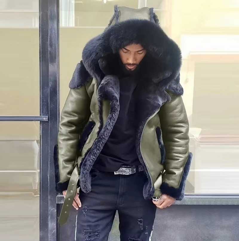 Street-Wave Mens Winter Leather Jacket With Fur Collar And Wool Lining Heavyweight Warm Outerwear For Cold Weather