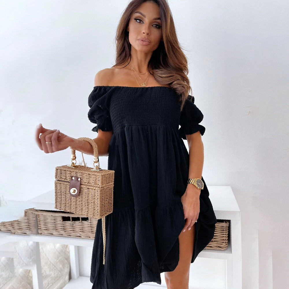 Street Wave Womens Off Shoulder Midi Dress With Puff Sleeves And Tiered Design Versatile For Day Or Night