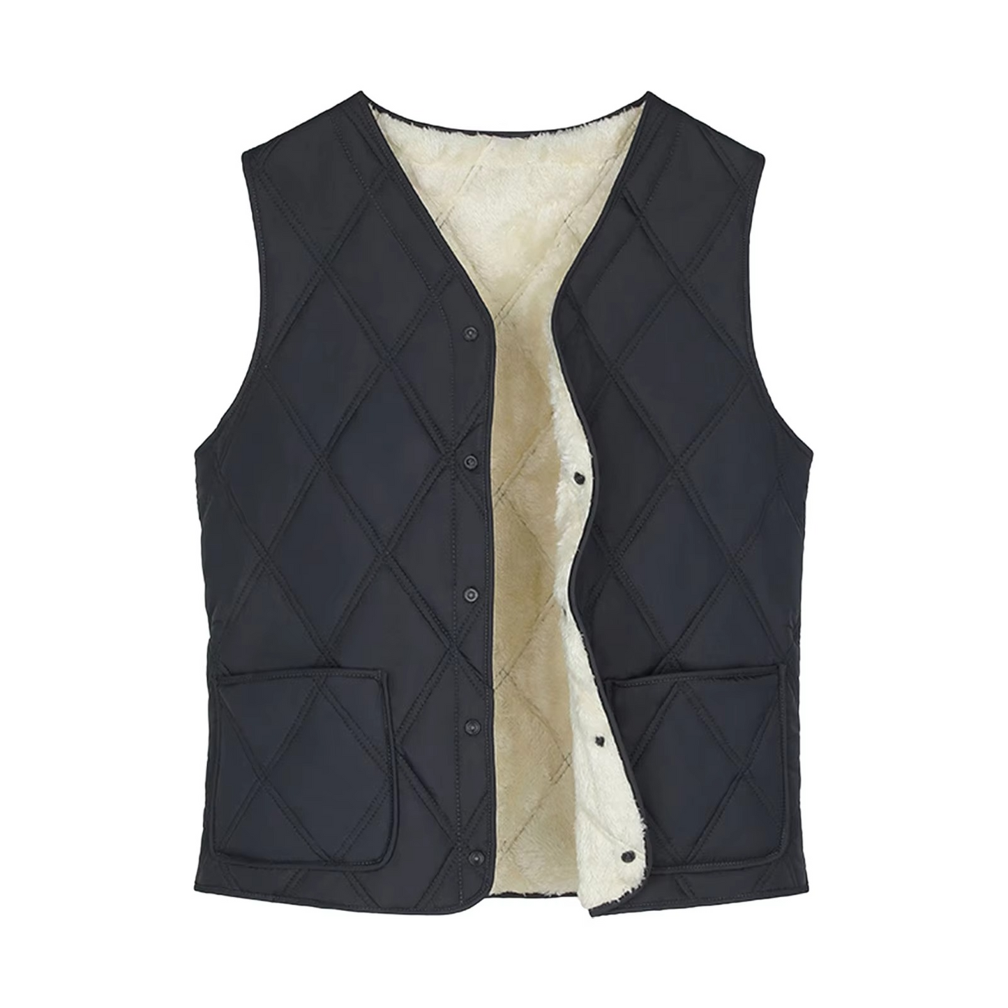 Men's Padded V-Neck Vest With Pockets - Solid Color Warm Waistcoat For Casual Office Wear