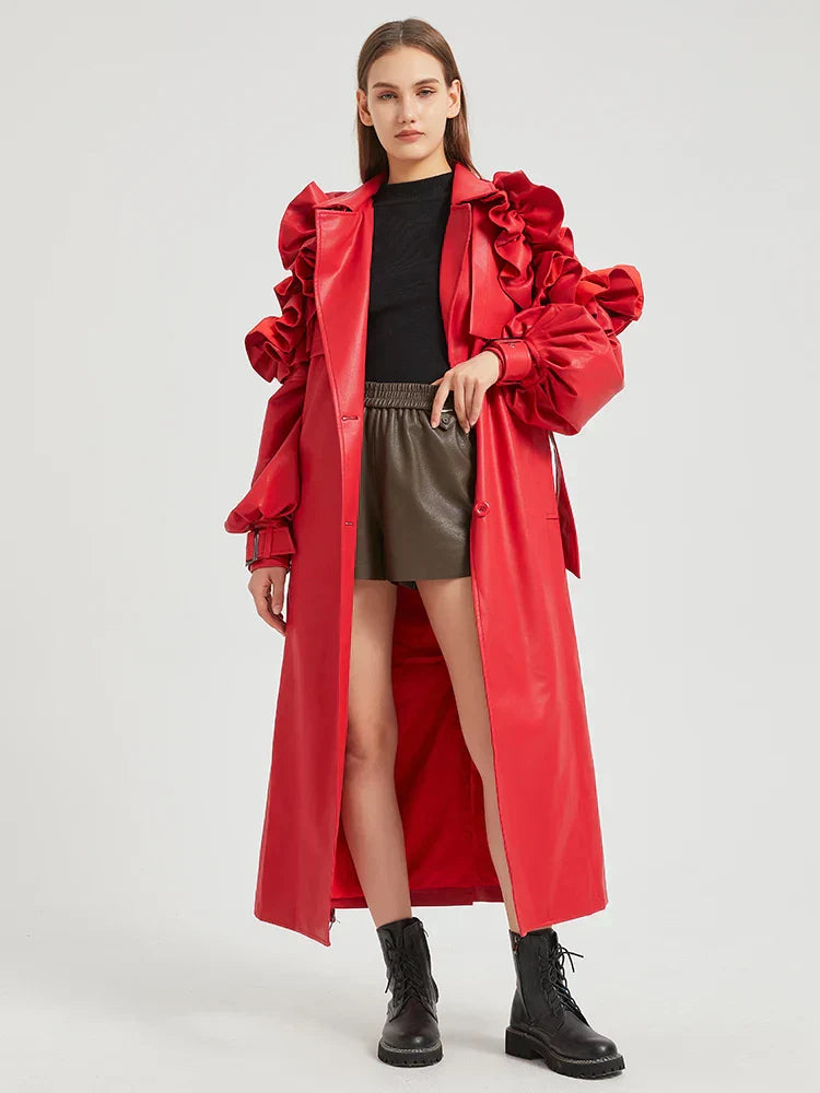 Street Wave Faux Leather Coat With Dramatic Ruffle Sleeves Belted Waist For Bold Women