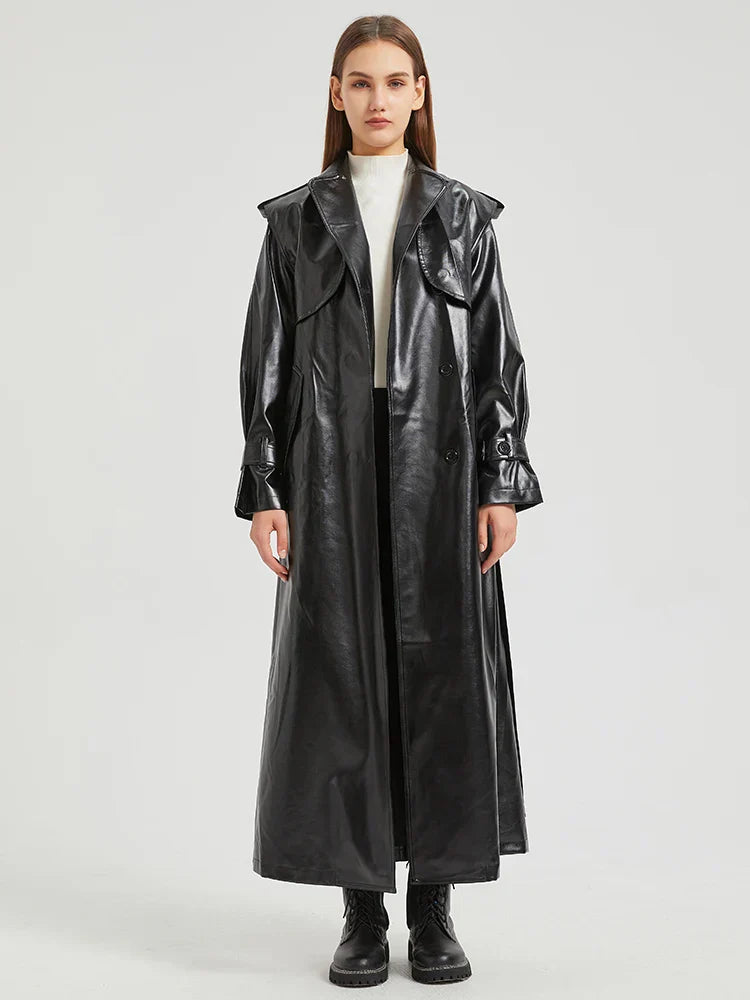 Street-Wave Kinda Love Metallic Faux Leather Trench Coat For Women With Reversible Collar And Full Length Comfort