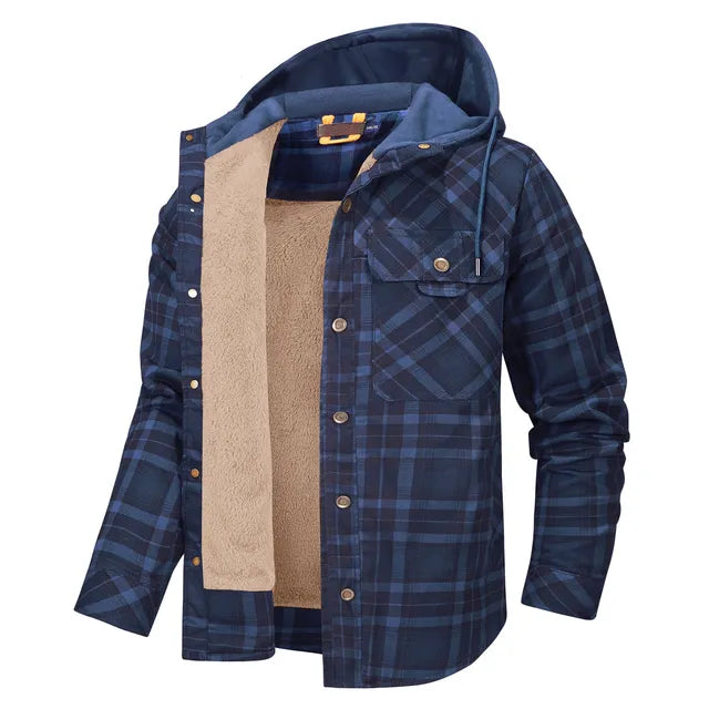 Street Wave Warm Plaid Shirt Jacket With Hood Lined Sherpa For Outdoor Adventurers