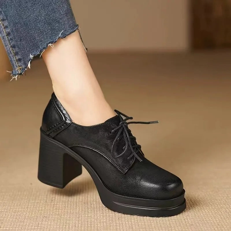 Women's Lace-Up Oxford Heels with Block Heel and Platform Design