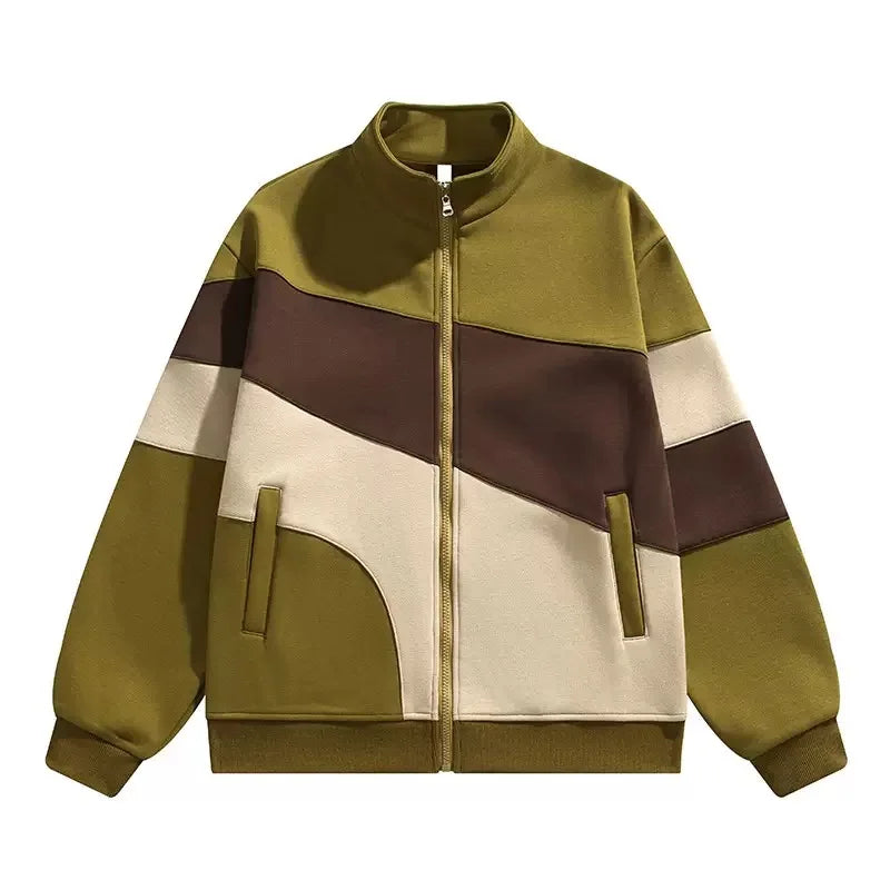 Street-wave Sustainable Colorblock Zip Jacket With Geometric Pattern For Urban Style Enthusiasts