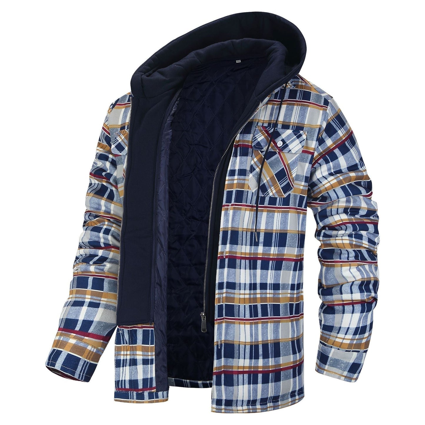 Street Wave Premium Hooded Jacket For Men Plaid Blue Check With Quilted Lining And Front Pockets