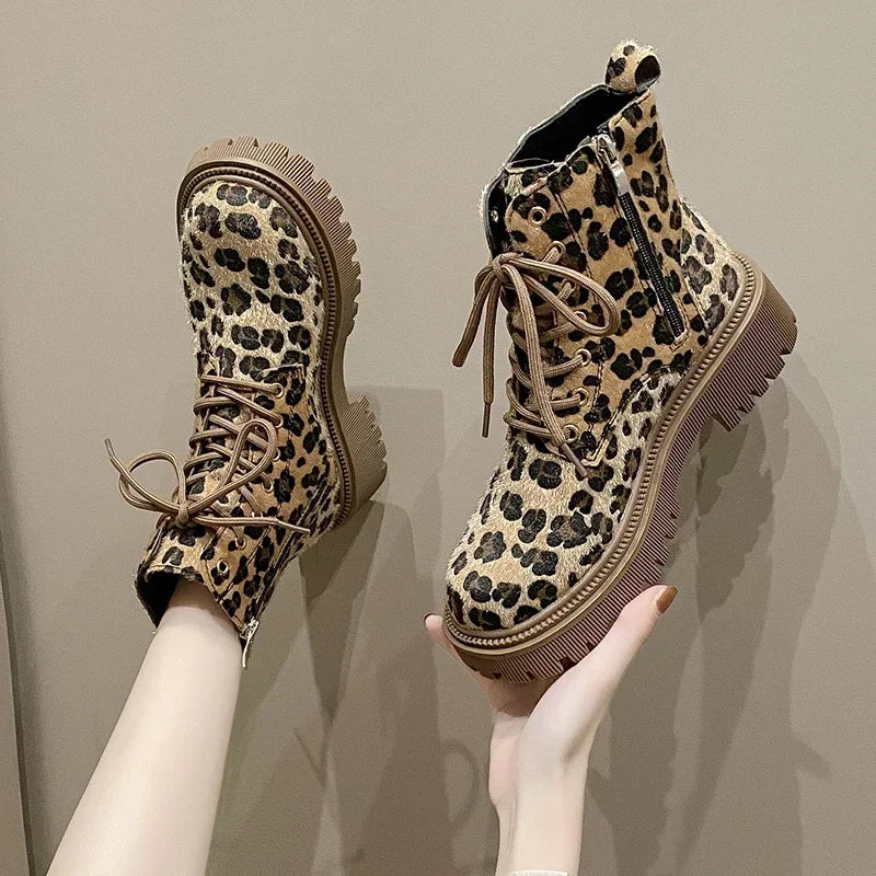 Street-Wave Leopard Print Combat Boots For Women - Durable All-Season Warmth, Chunky Lug Sole