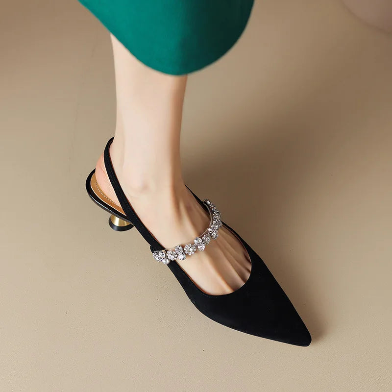 Women's Slingback Heels with Crystal Strap and Pointed Toe