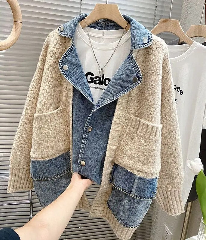 Street-Wave Splicing Denim Jacket Sweatshirt Blend For Fashion Forward Streetwear Enthusiasts