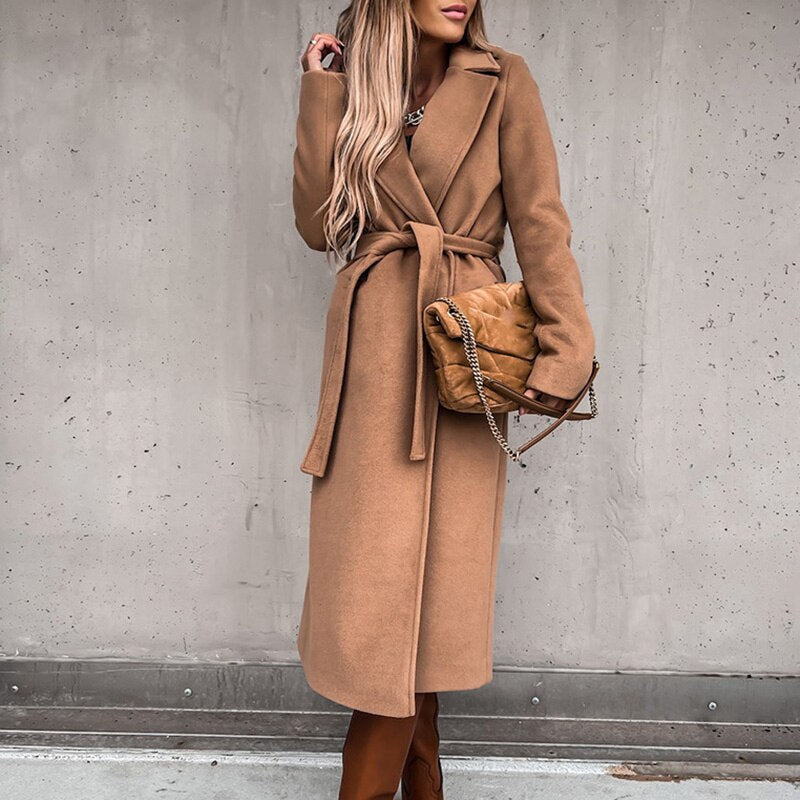 Street-wave Elegant Long Belted Coat For Women, Chic Trench Style With Slim Belt, Tailored Fall Wardrobe Essential