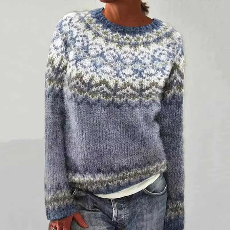 Color Block Loose Fit Women’s Knitwear Top with Round Neck and Full Sleeves