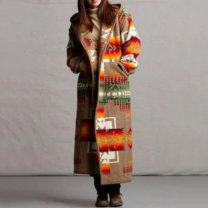 Street Wave Ethnic Long Coat For Women Cozy Warmth With Bold Geometric Pattern Outerwear