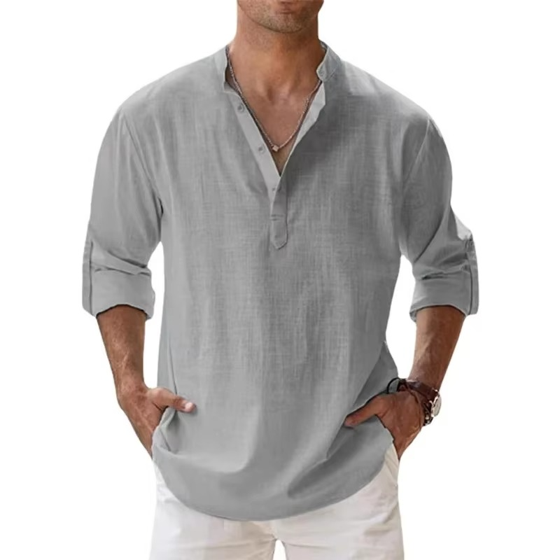 Street-Wave Lightweight Cotton Linen Henley Shirt For Men Long Sleeve Beachwear Casual Summer Essential