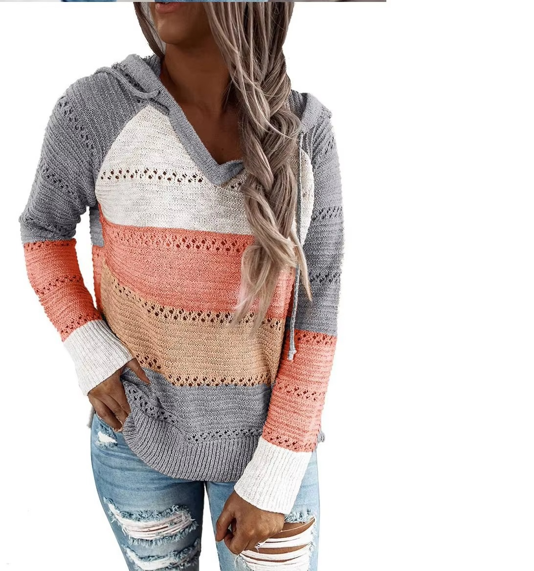 Cozy Patchwork Hooded Sweater for Women, Long Sleeve Striped Knit Pullover