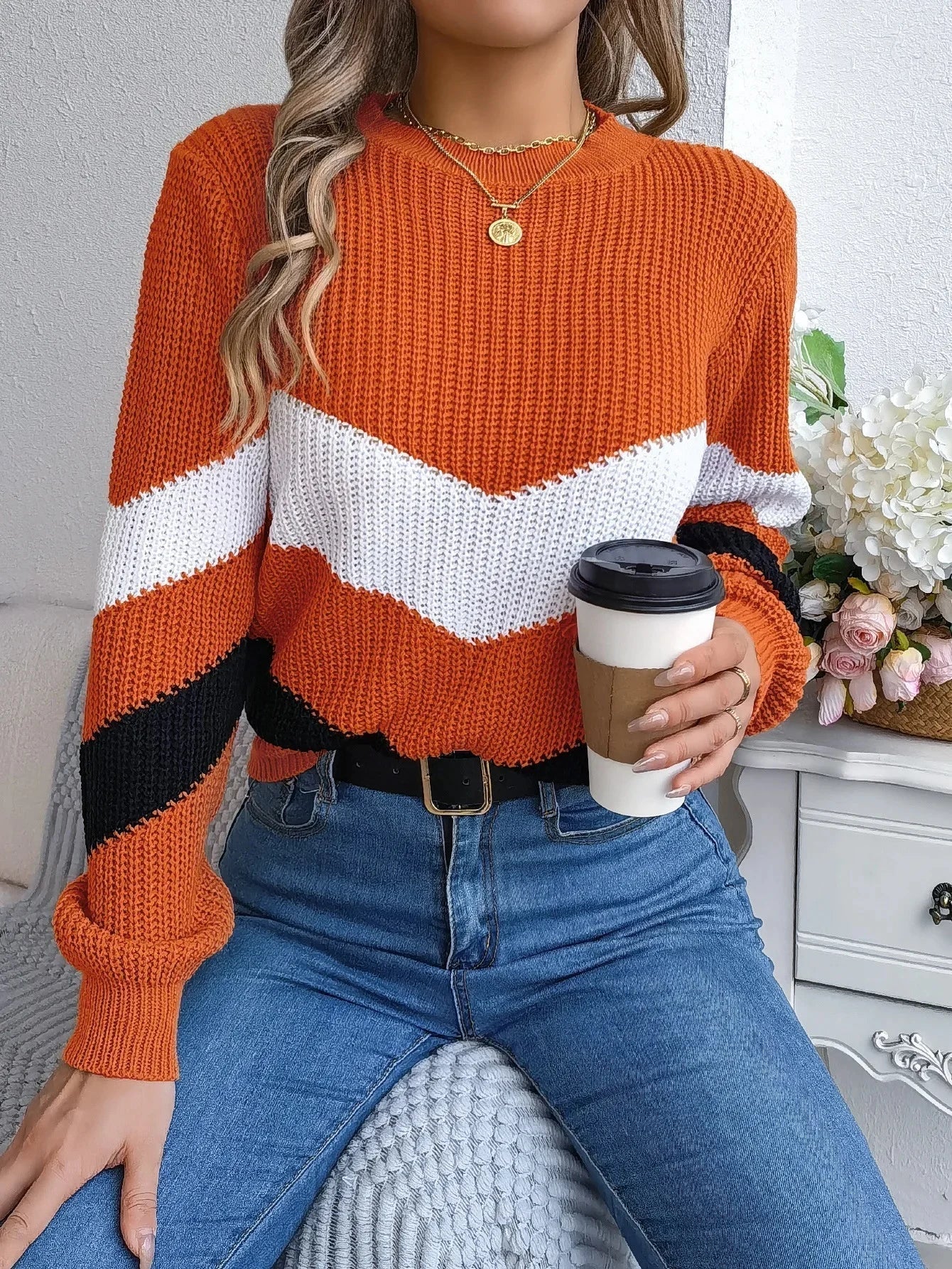 Grace Women's Cashmere Turtleneck Sweater With Chevron