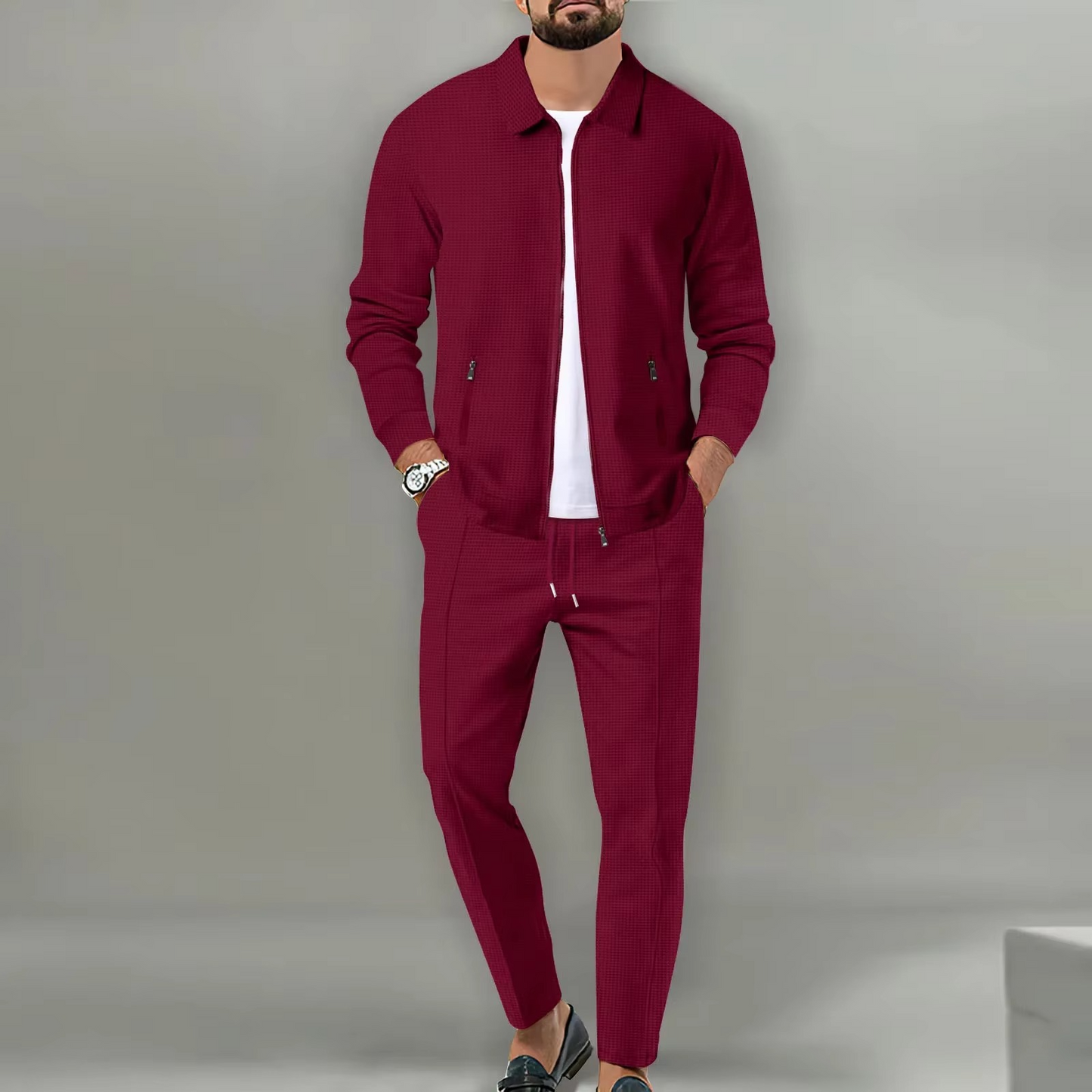 Street-Wave Mens Two Piece Long Sleeve Polo Jacket Shirt With Matching Drawstring Pants Set For Everyday Comfort