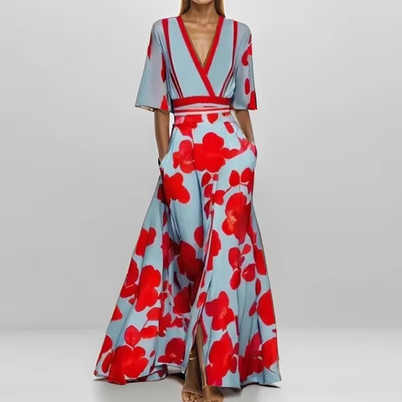 Elegant V Neck Long Printed Pleated Dress for Women