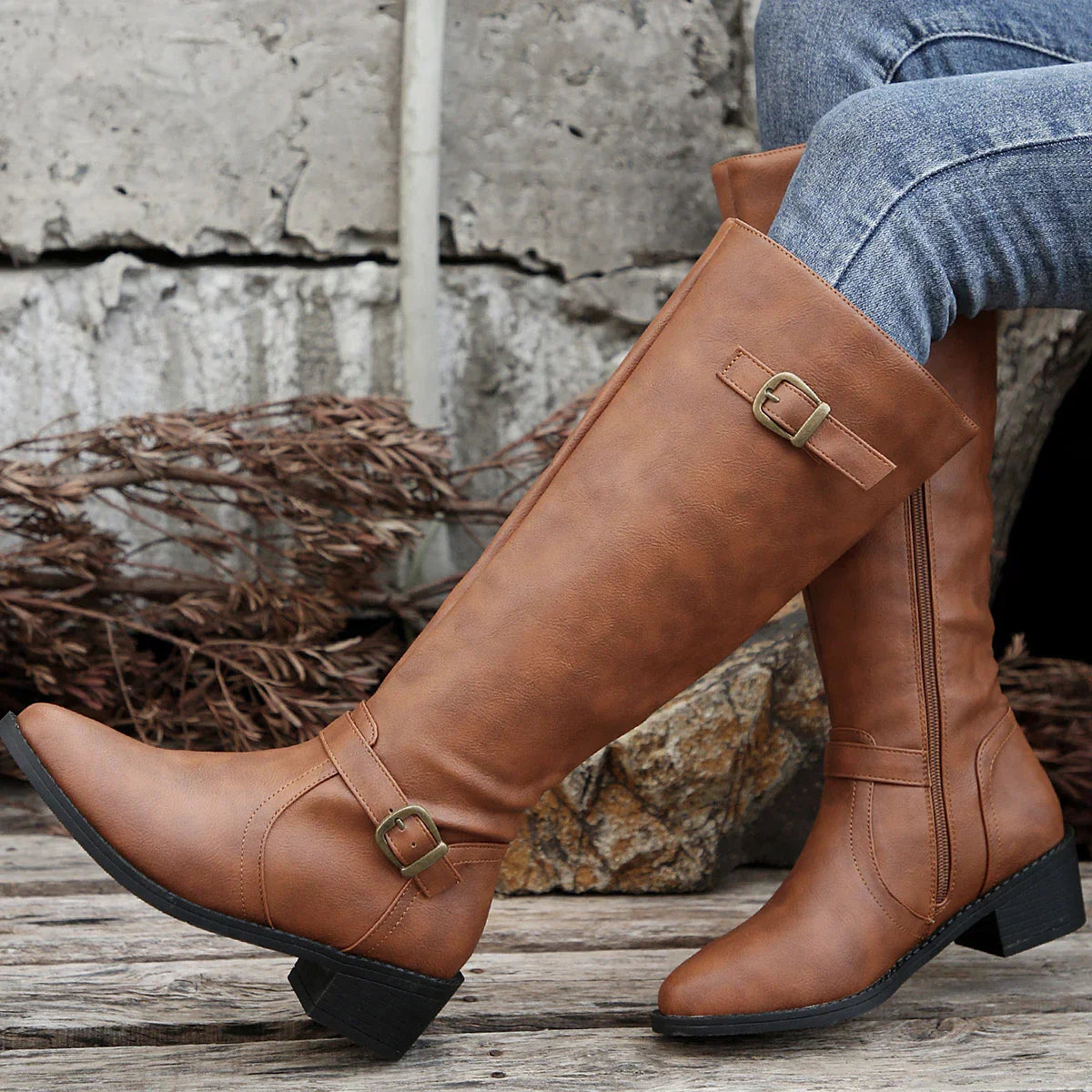 Street-wave Womens Knee High Riding Boots With Buckle Strap And Low Heel Timeless Comfortable Elegant