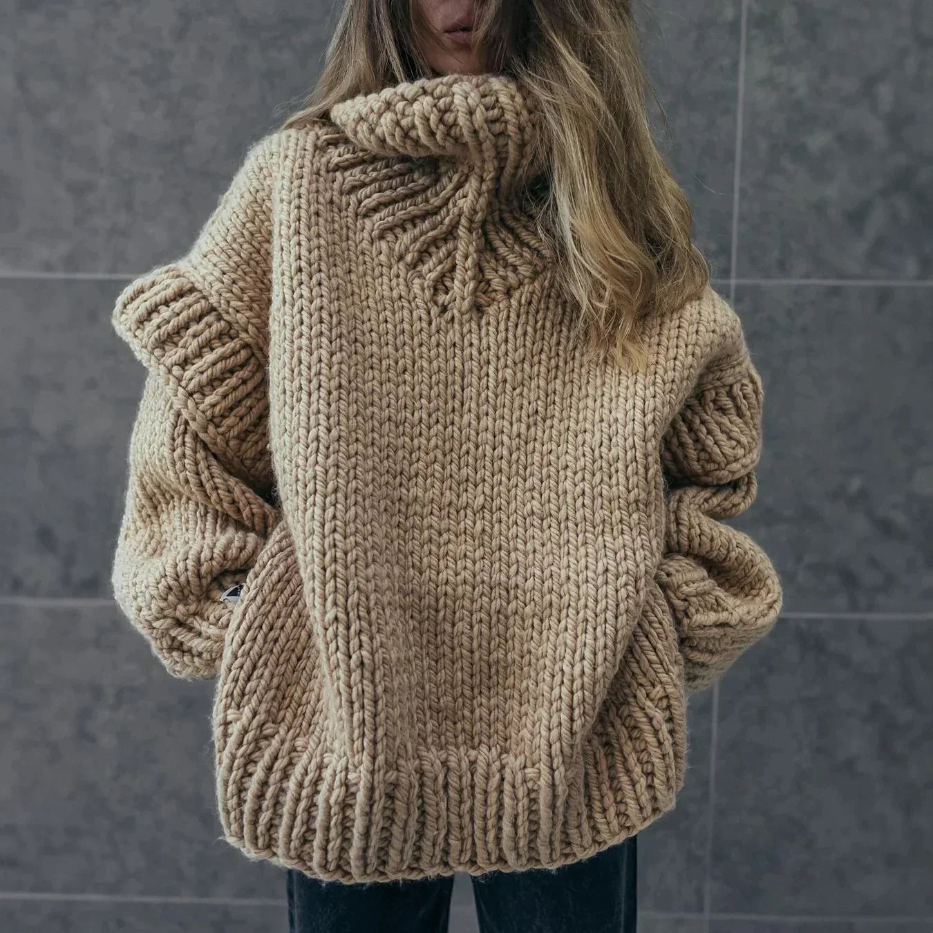 Street-wave Cozy Oversized Gray Chunky Turtleneck Knit Sweater For Women Warm Plush Comfort