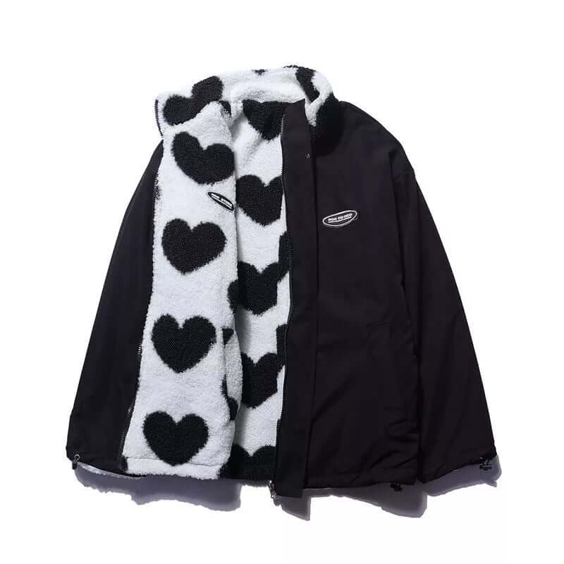 Street-Wave Reversible Heart Print Coat With Plush Fleece Lining For Trendsetting Teens