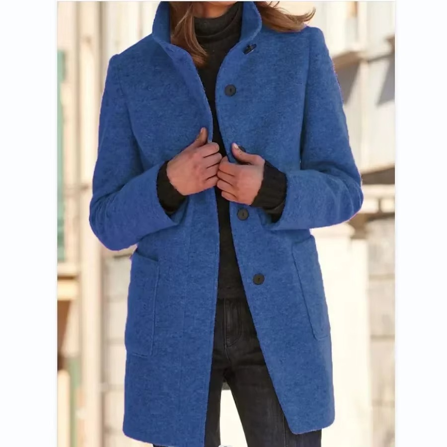 Spring 2025 Women’s Cotton Coat Black Stand Collar Casual Long Sleeve with Button Pockets
