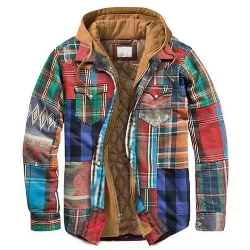 Street-Wave Mens Patchwork Checkered Cotton Hooded Jacket Thick Warm Casual Coat American Flag Design Sizes S To 5XL