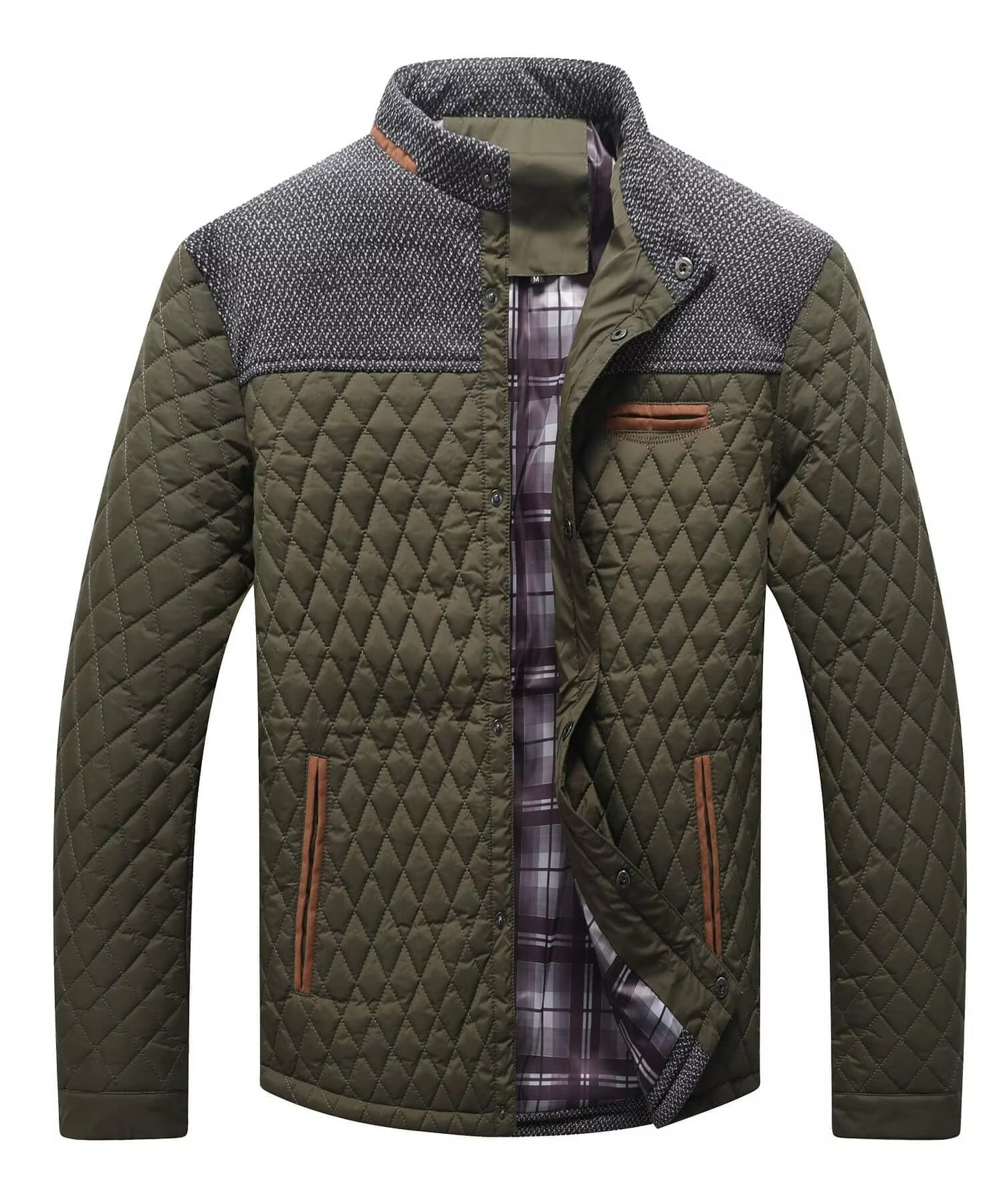 Street-Wave Men's Diamond Quilted Lightweight Bomber Jacket Overshirt With Contrast Grey Yoke And Pockets