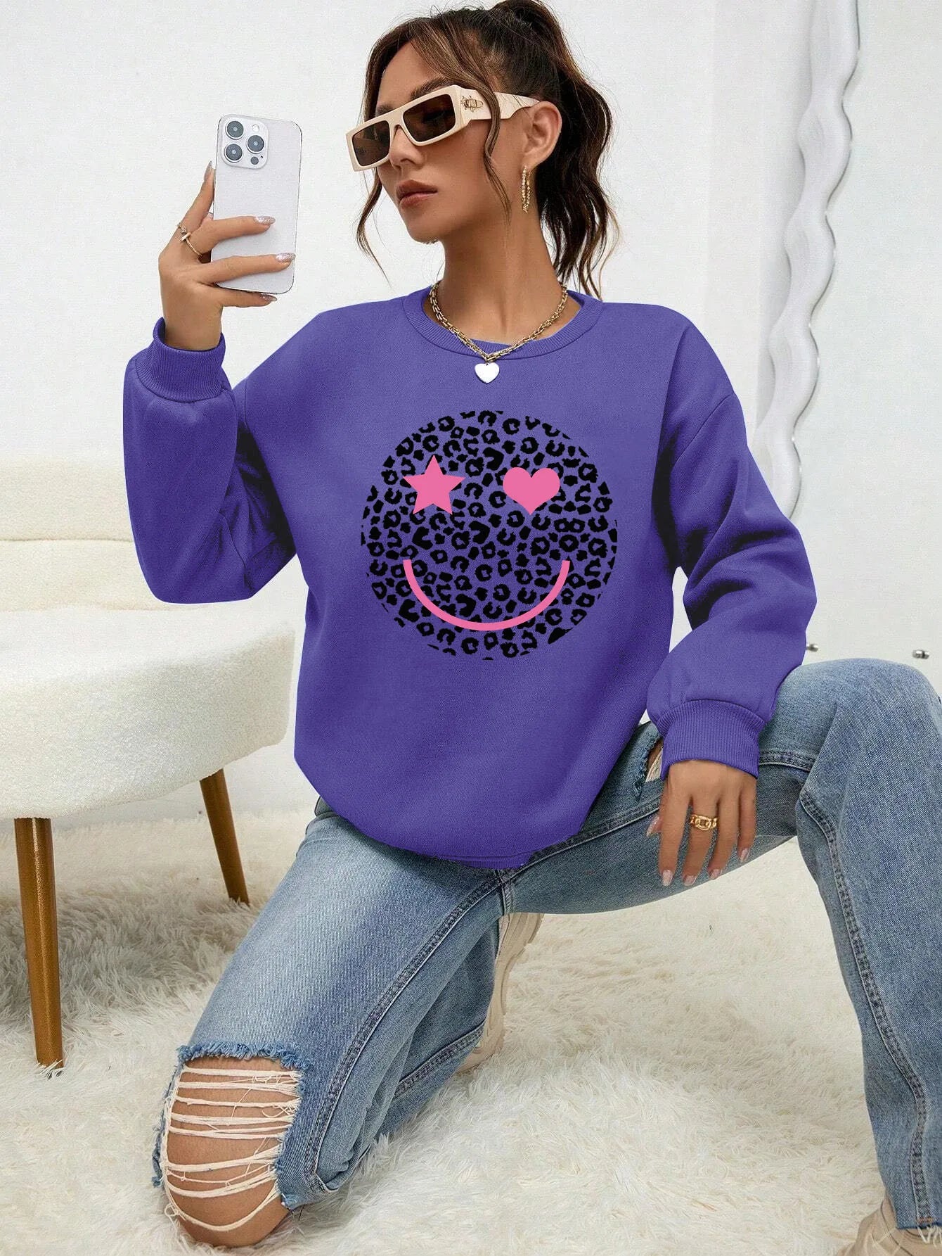 Street-wave Leopard Print Sweatshirt For Women Cotton Blend Comfortable Trendy Everyday Wear