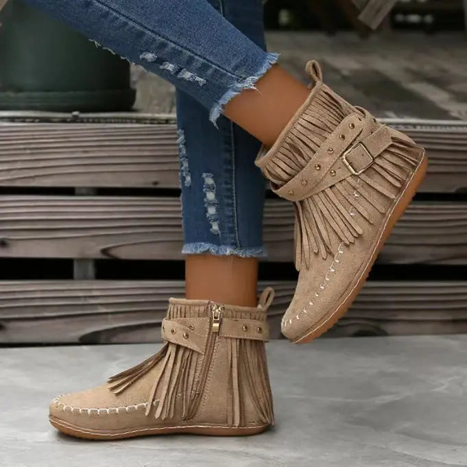 Street-wave Winter Boots For Women Fringe Buckle Zipper Round Toe Cozy Durable Style