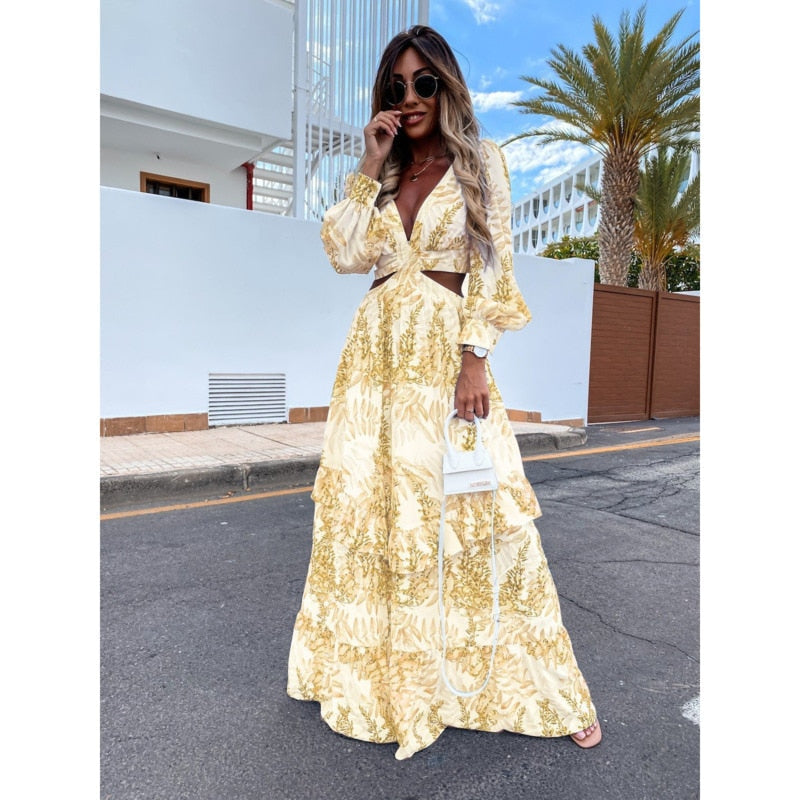 Street-wave Floral Maxi Dress With V-Neck Cutout And Sheer Sleeves For Women Elegant Boho Summer Dress