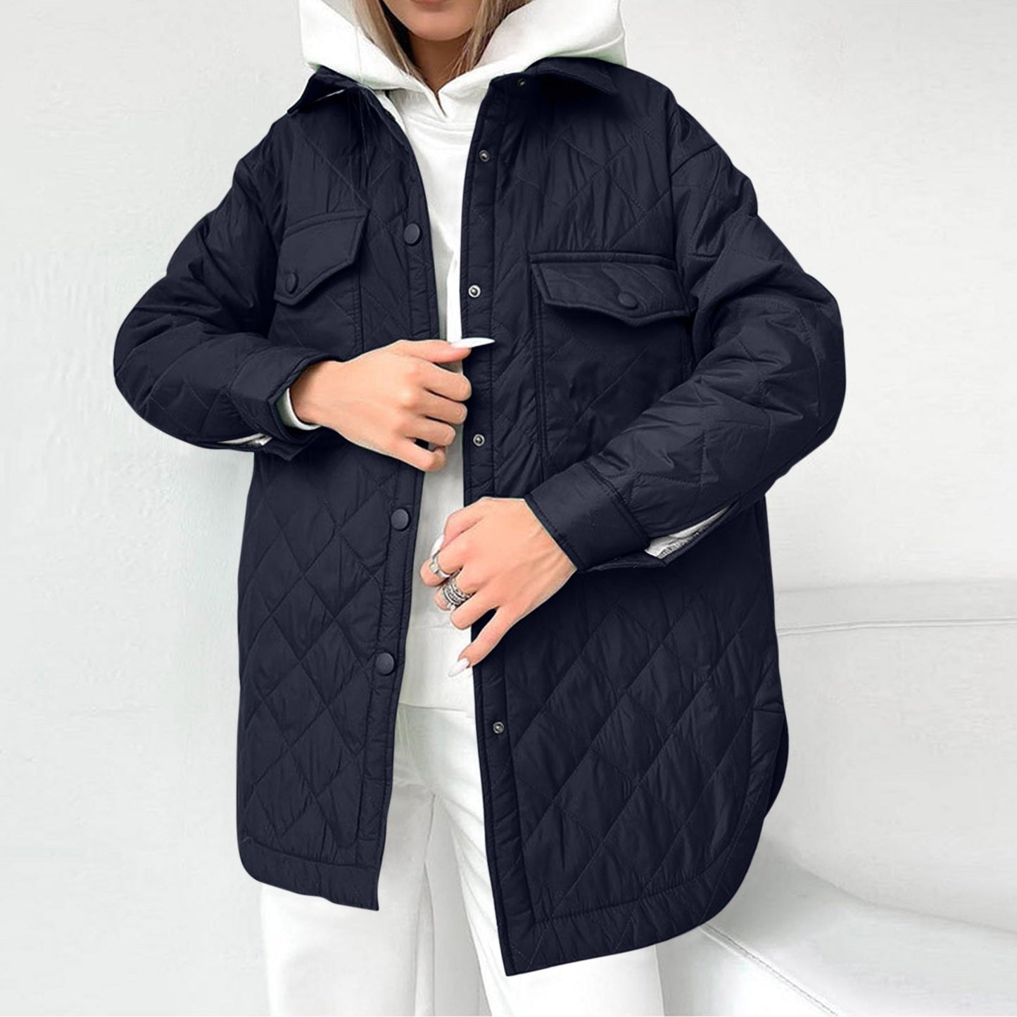Street-Wave Long Quilted Coat With Snap Button Closure For Women Warm Winter Outerwear