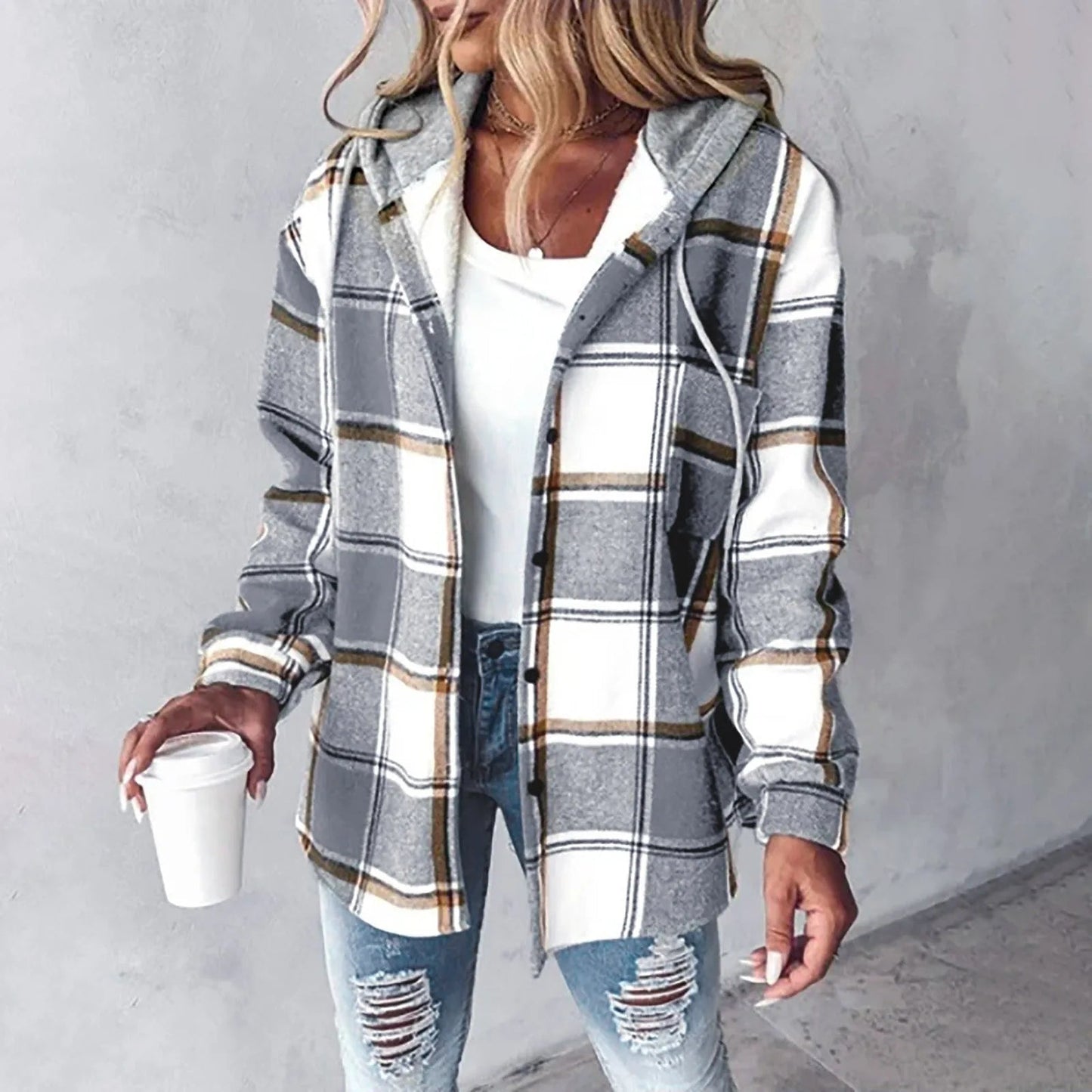 Street-wave Women Plaid Shacket Warm Coat with Hood, Cozy Autumn Style Jacket For Everyday Wear
