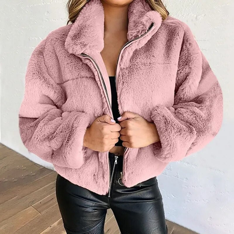 Street Wave Faux Fur Jacket For Women Oversized Cozy Warm High Collar Full Zip Streetwear Essential