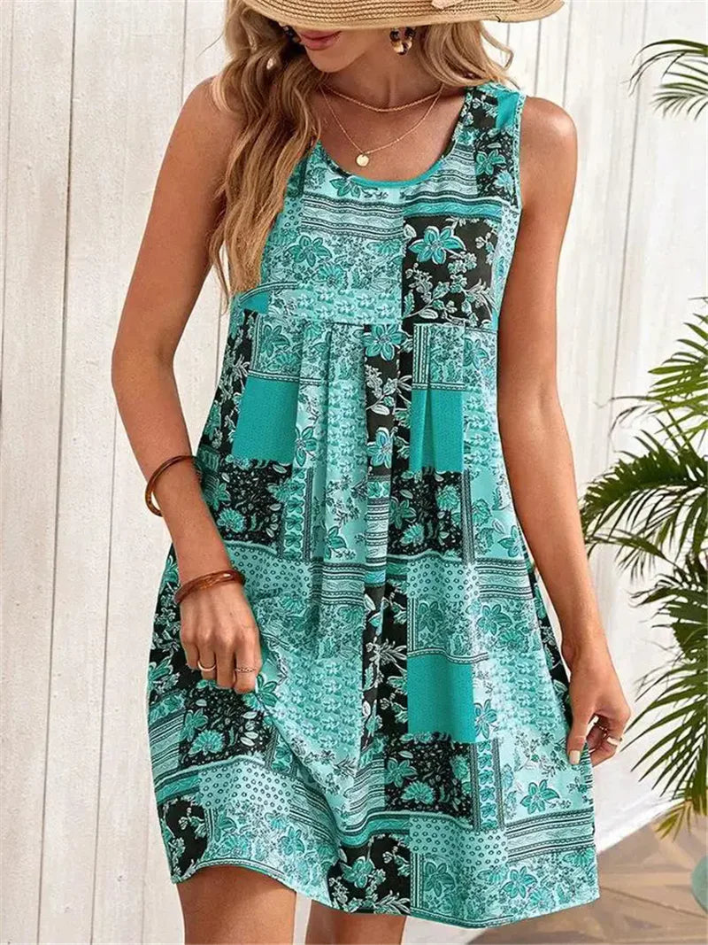 Street-Wave Sleeveless A-Line Dress Women Breezy Patchwork