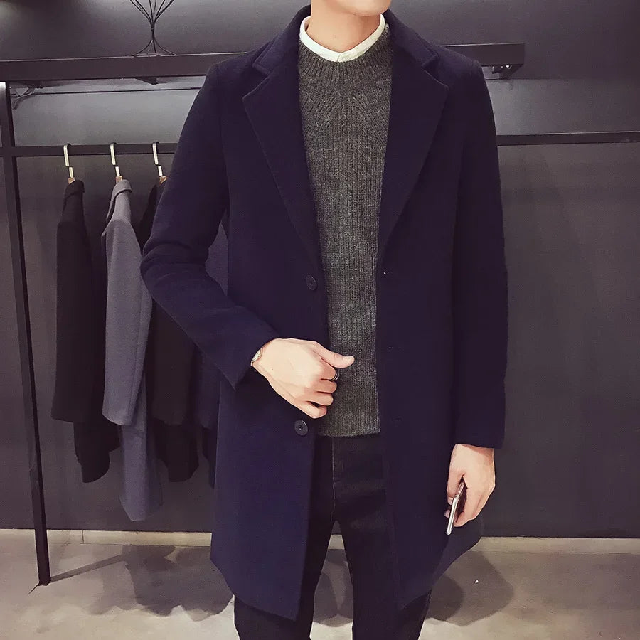 Street-wave Mens Long Wool-Blend Coat With Button Closure, Timeless And Elegant Everyday