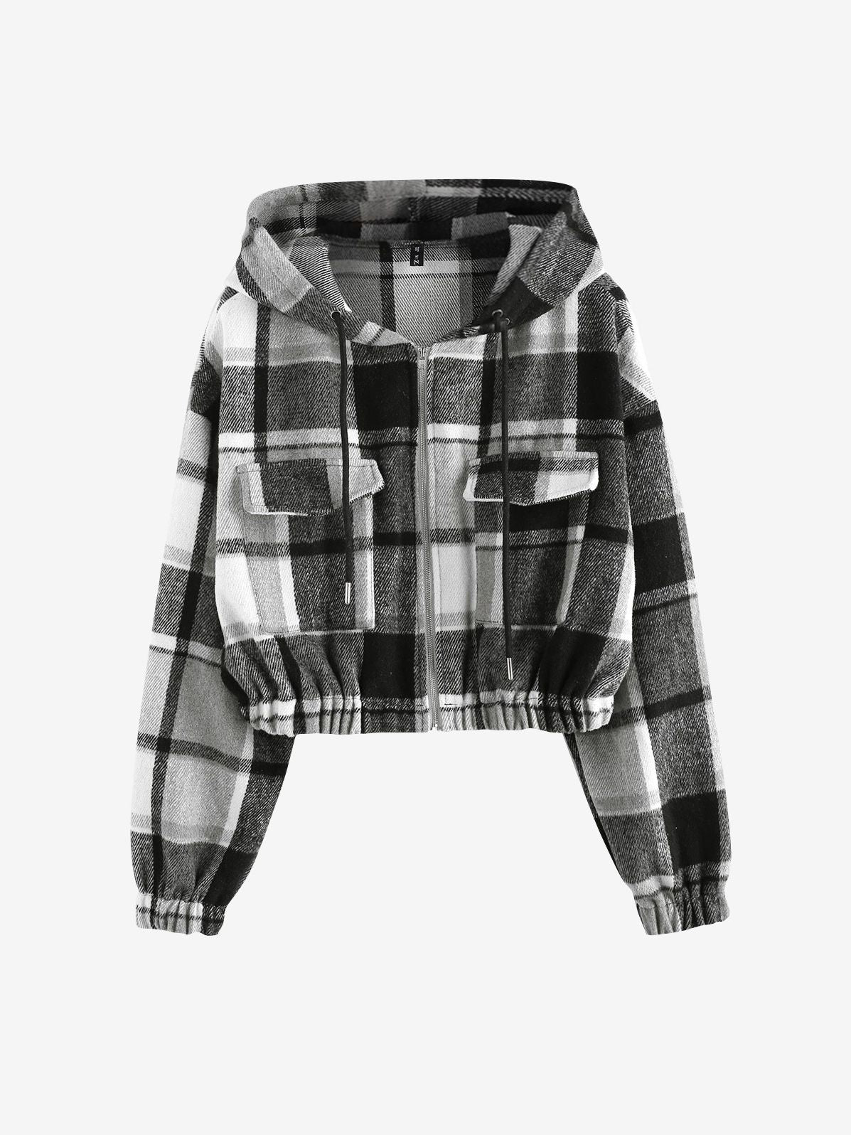 Street-wave Women Plaid Hoodie Jacket Cropped Fit With Front Pockets Cozy Winter Warmth