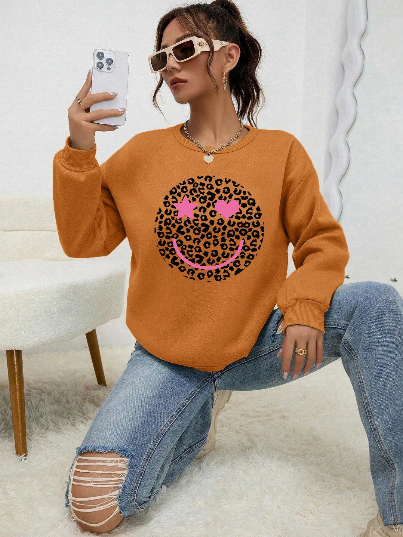 Street-wave Leopard Print Sweatshirt For Women Cotton Blend Comfortable Trendy Everyday Wear
