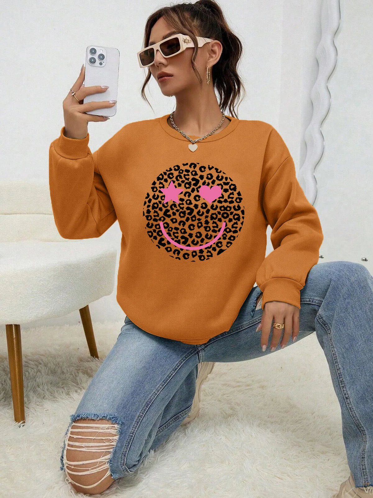 Street-wave Leopard Print Sweatshirt For Women Cotton Blend Comfortable Trendy Everyday Wear
