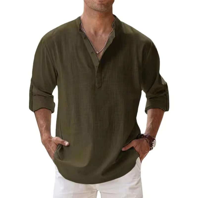 Street-Wave Lightweight Cotton Linen Henley Shirt For Men Long Sleeve Beachwear Casual Summer Essential