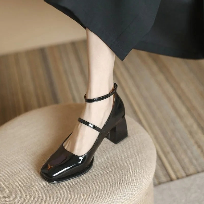 Women's Ankle Strap Block Heel Pumps with Square Toe and Classic Design
