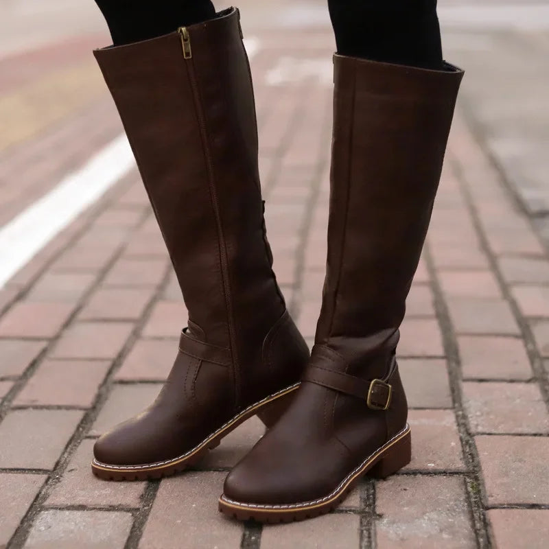Street-wave High Top Biker Boots With Block Heel And Buckle Straps For Women Fashion Edge