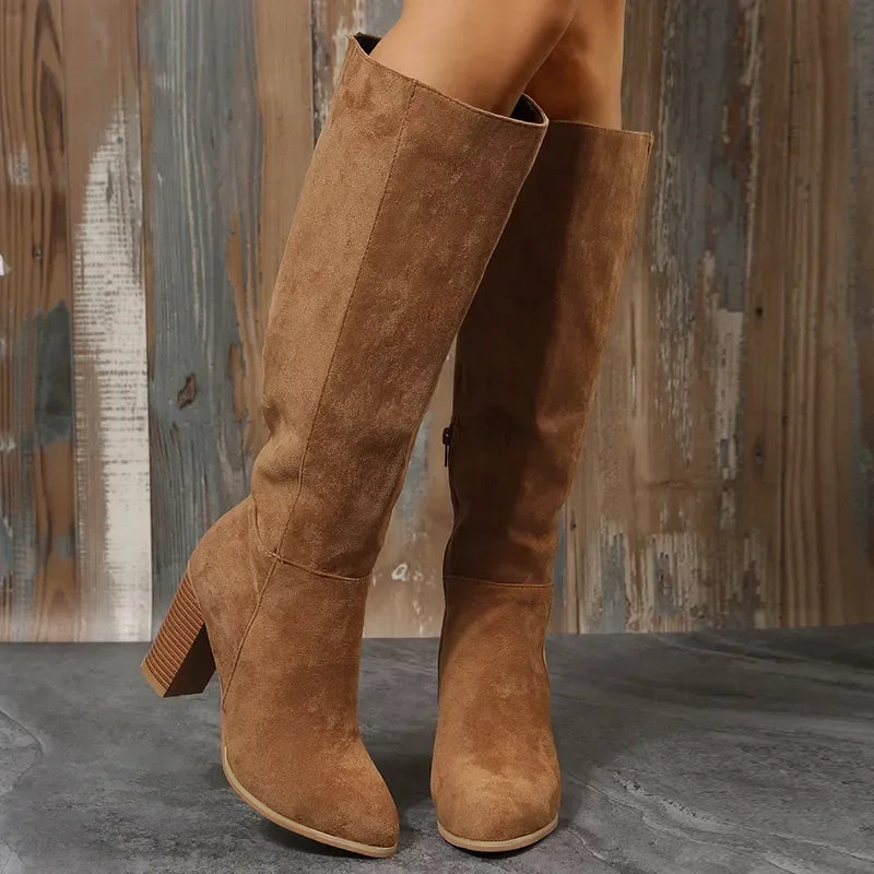 Street Wave Suede Knee High Boots With Block Heel For Women Vintage Glamour Timeless Style