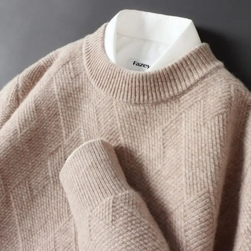 Caleb Mens Diamond Knit Sweater In Neutral Beige Soft Touch Knitwear For Casual Layering Essentials