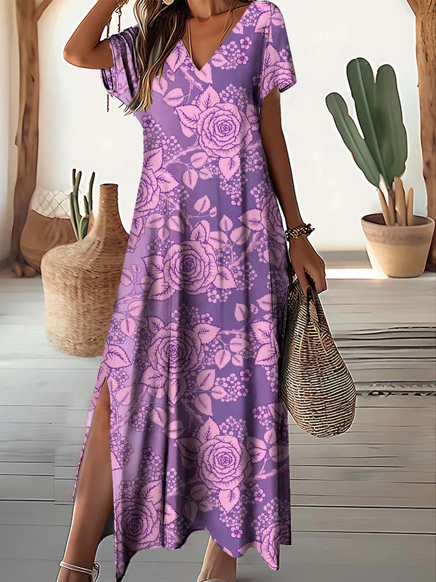 Serena Dress Floral Maxi For Plus Size Women By Street-Wave Vintage V-Neck Comfort