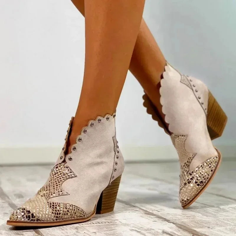 Street-Wave Western Ankle Boots With Snake Skin Accent And Embroidered Wave Trim Low Block Heel For Women