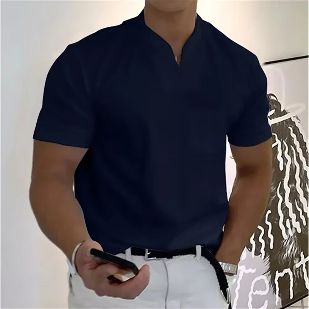 Men's Summer V Neck Short Sleeve T Shirt Elastic Cotton Athletic And Casual Fit Breathable