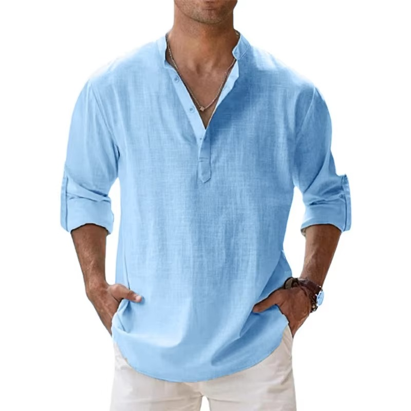 Street-Wave Lightweight Cotton Linen Henley Shirt For Men Long Sleeve Beachwear Casual Summer Essential