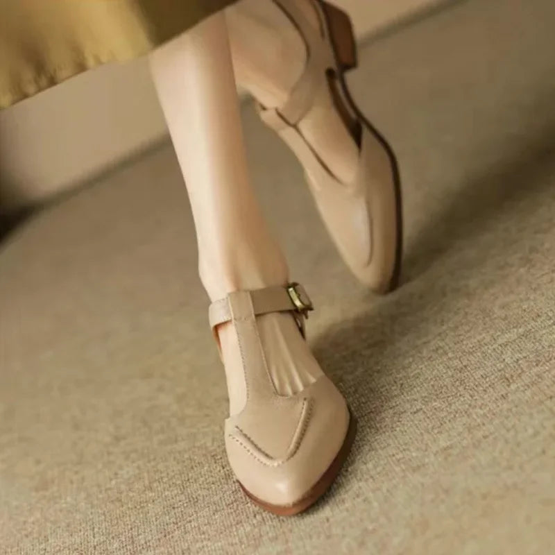Women's T-Strap Flats with Pointed Toe and Low Heel