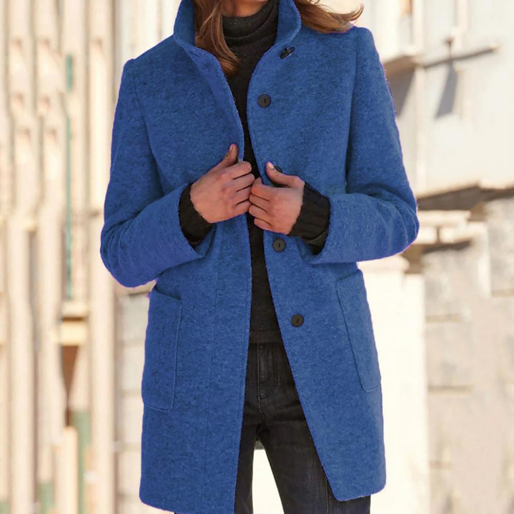 Street-Wave Long Stand Collar Coat For Women Elegant Warm Polyester Jacket With Comfort