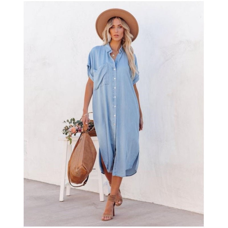 Streetwave Denim Shirt Dress Women Light Blue Midi With Button Front Pockets Effortless Everyday Style